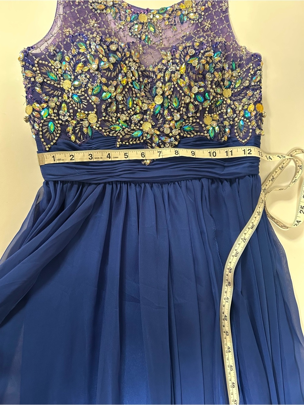 Lets Fashion Blue Beaded Formal Dress Embellished Bodice Chiffon Prom Gown M - Picture 10 of 12